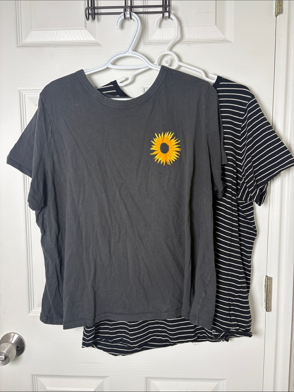 Old Navy Black Tees-Small Yellow Sunflower Graphic and Black and White Stripes